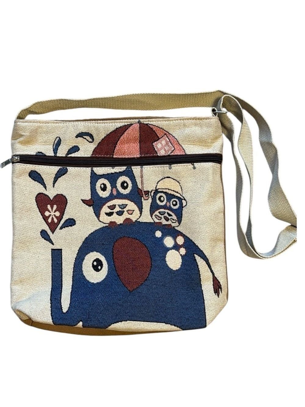 Owl and Elephant Tapestry Crossbody Cream and Blue